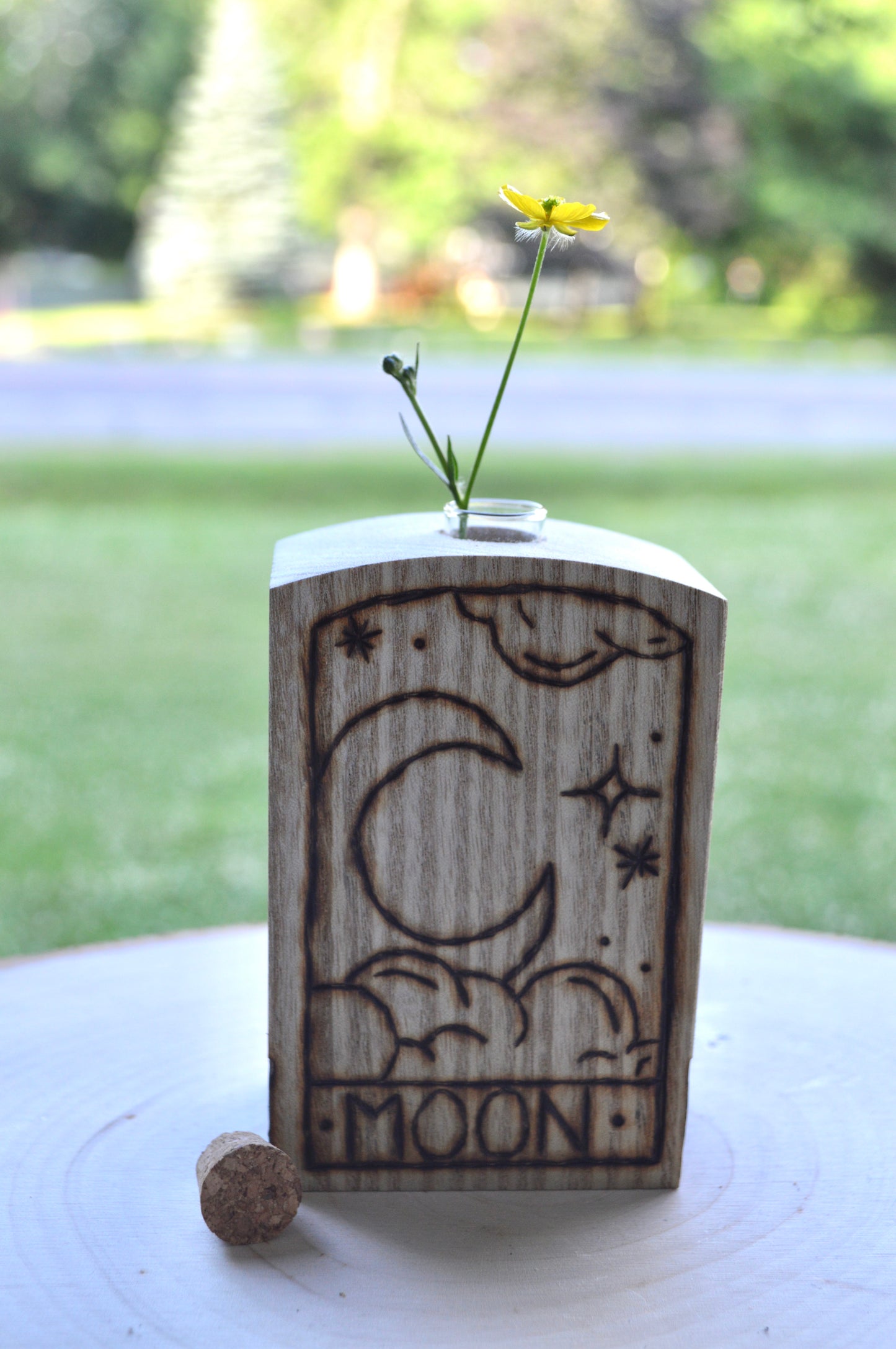 Sun & Moon Woodburned Bud Vase