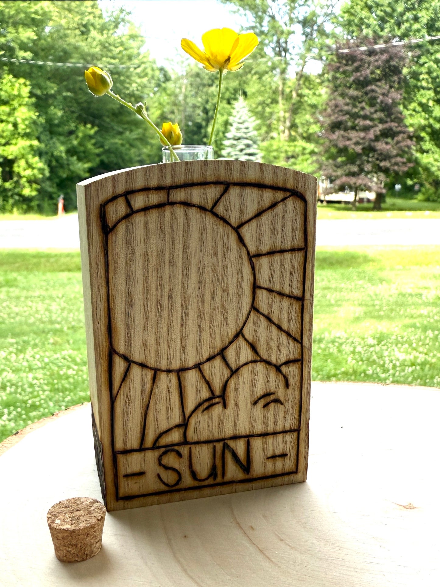 Sun & Moon Woodburned Bud Vase