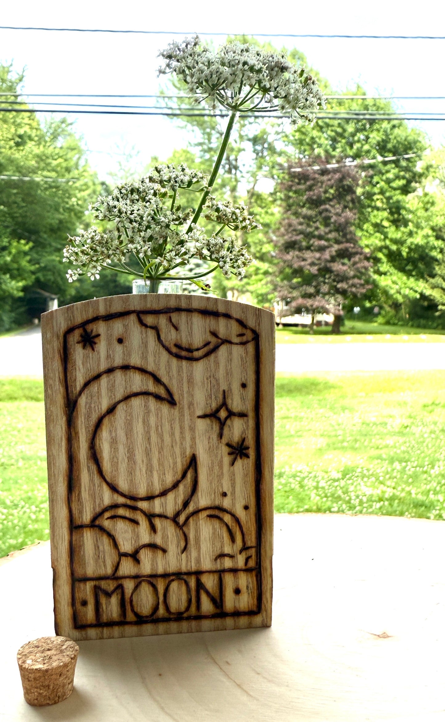 Sun & Moon Woodburned Bud Vase